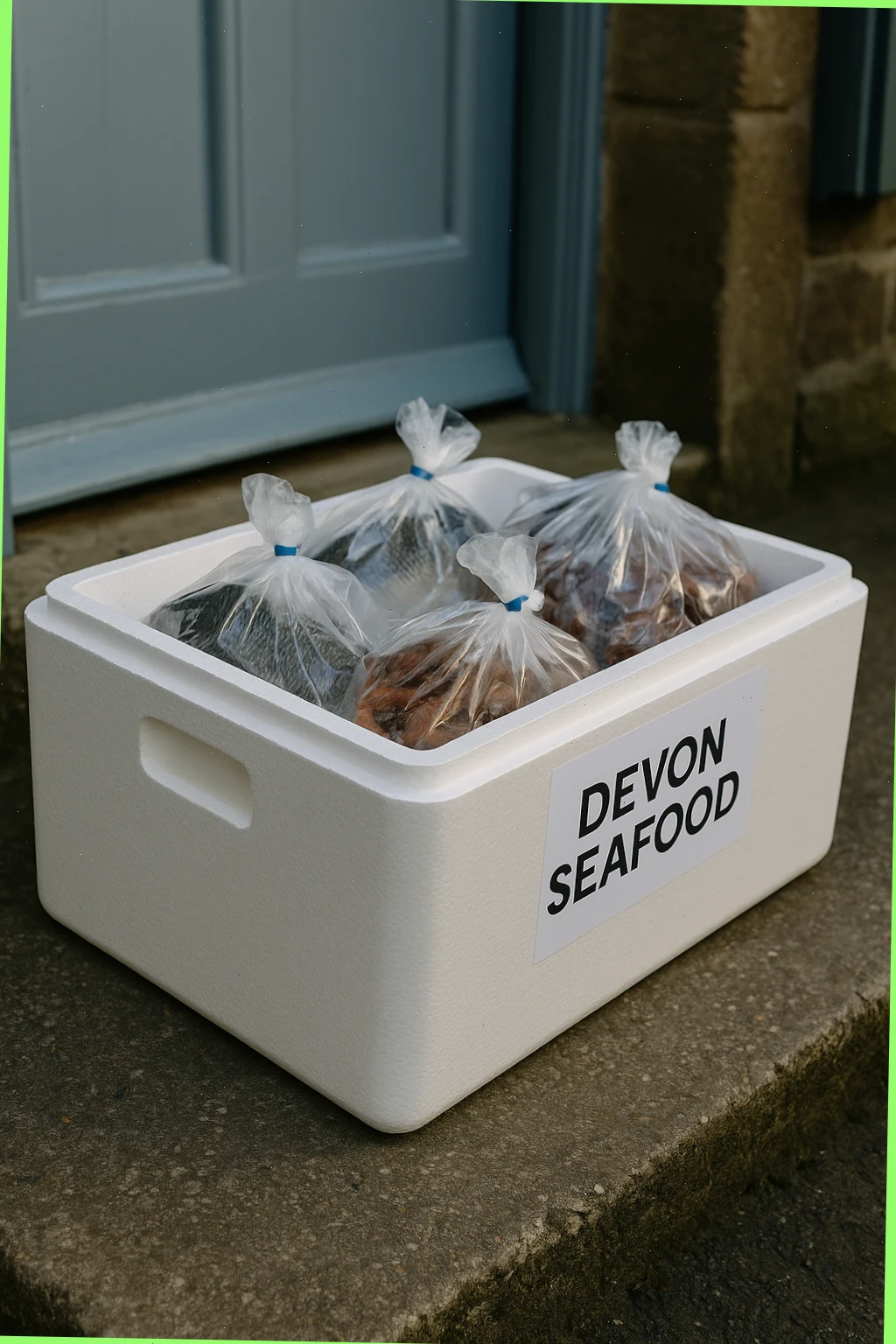 insulated crate with labeled Devon seafood ready for courier pickup